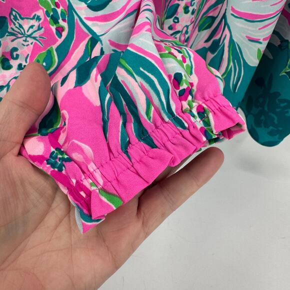 Lilly Pulitzer Blouse Womens Medium Winona Tunic V-Neck Peplum Waist Pink Blue - Picture 6 of 8